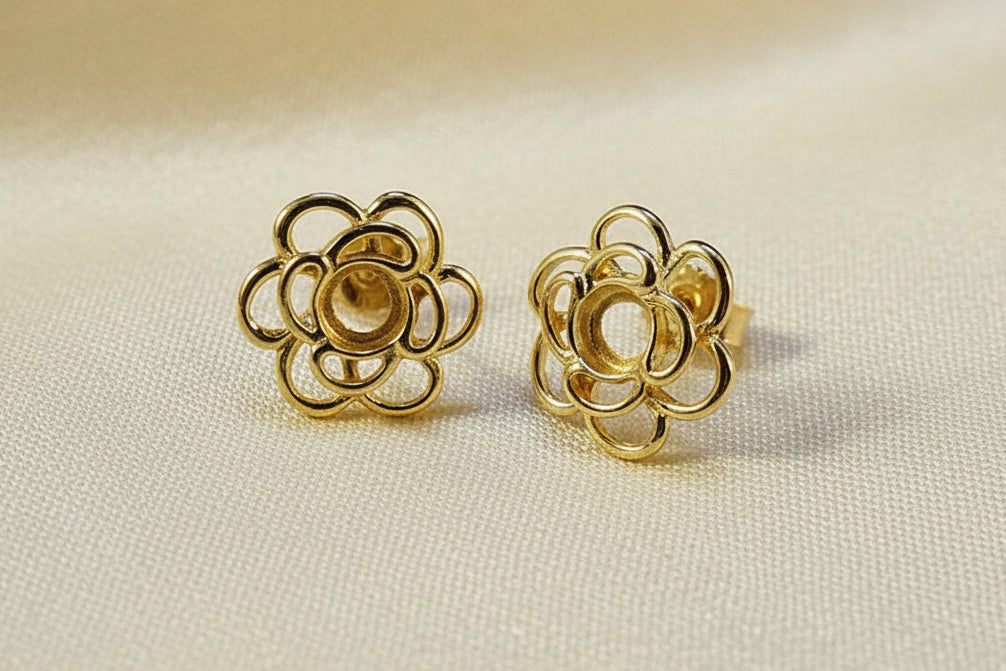 Solid Gold Flower Style Stud Earrings To Fit 4mm Cabochon