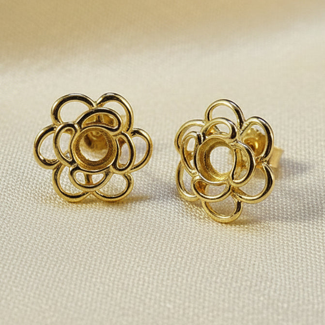 Solid Gold Flower Style Stud Earrings To Fit 4mm Cabochon