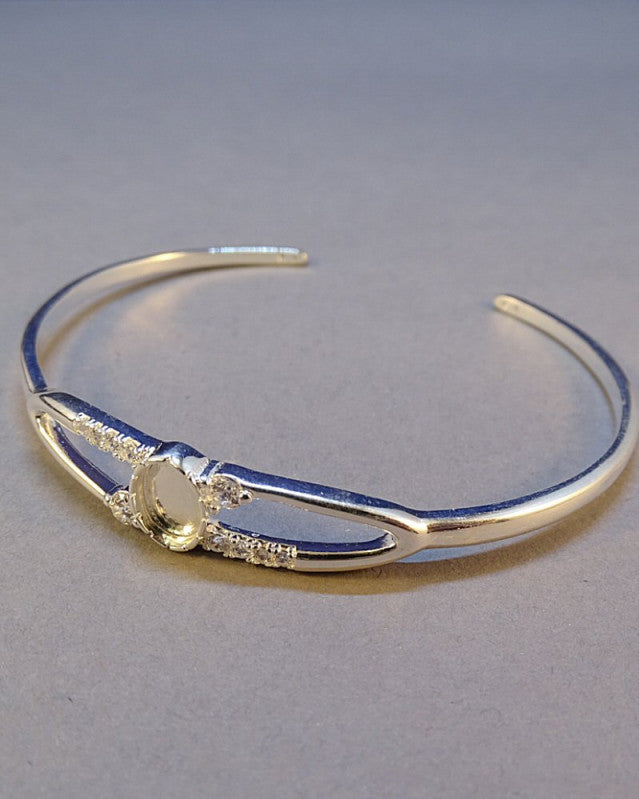 Solid Silver Bangle With CZ To Fit 8x6 Cabochon Or Resin
