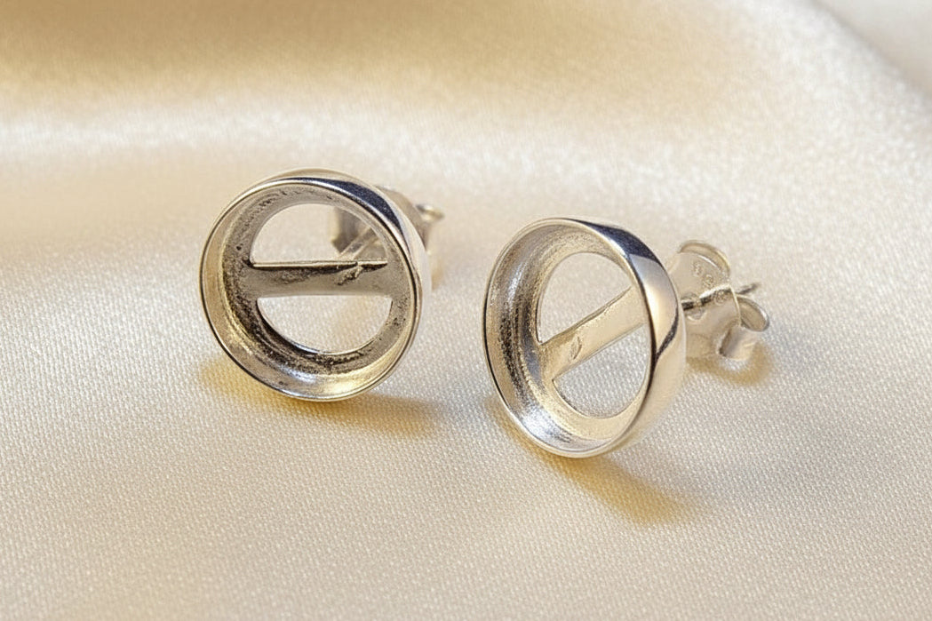 Plain Edge Silver Ear Stud Bezels For 8mm Cabochon
