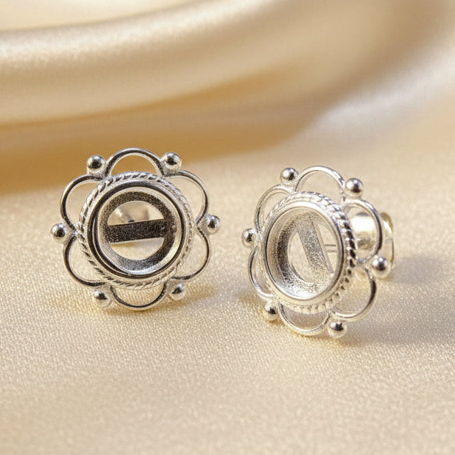 Silver Frill And Bead Ear Stud Setting For 6mm Stone