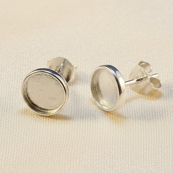 Heavy Silver Collet Style Earstud Round For Cabochon