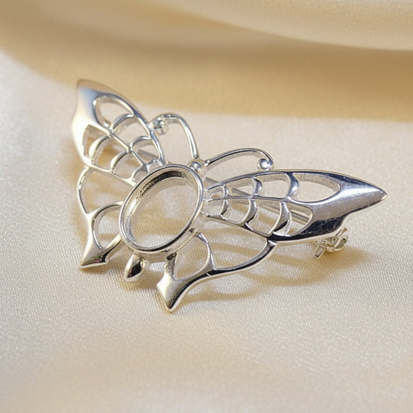 Silver Butterfly Brooch Setting For 8x6 Cabochon