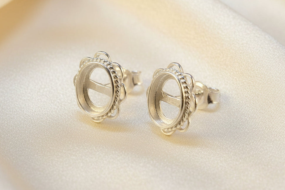 classic Frill Edge Silver Stud Earring To Fit Cabochons